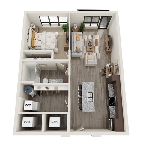 Floor plan for 1 bed, 1 bath, 736 sqft